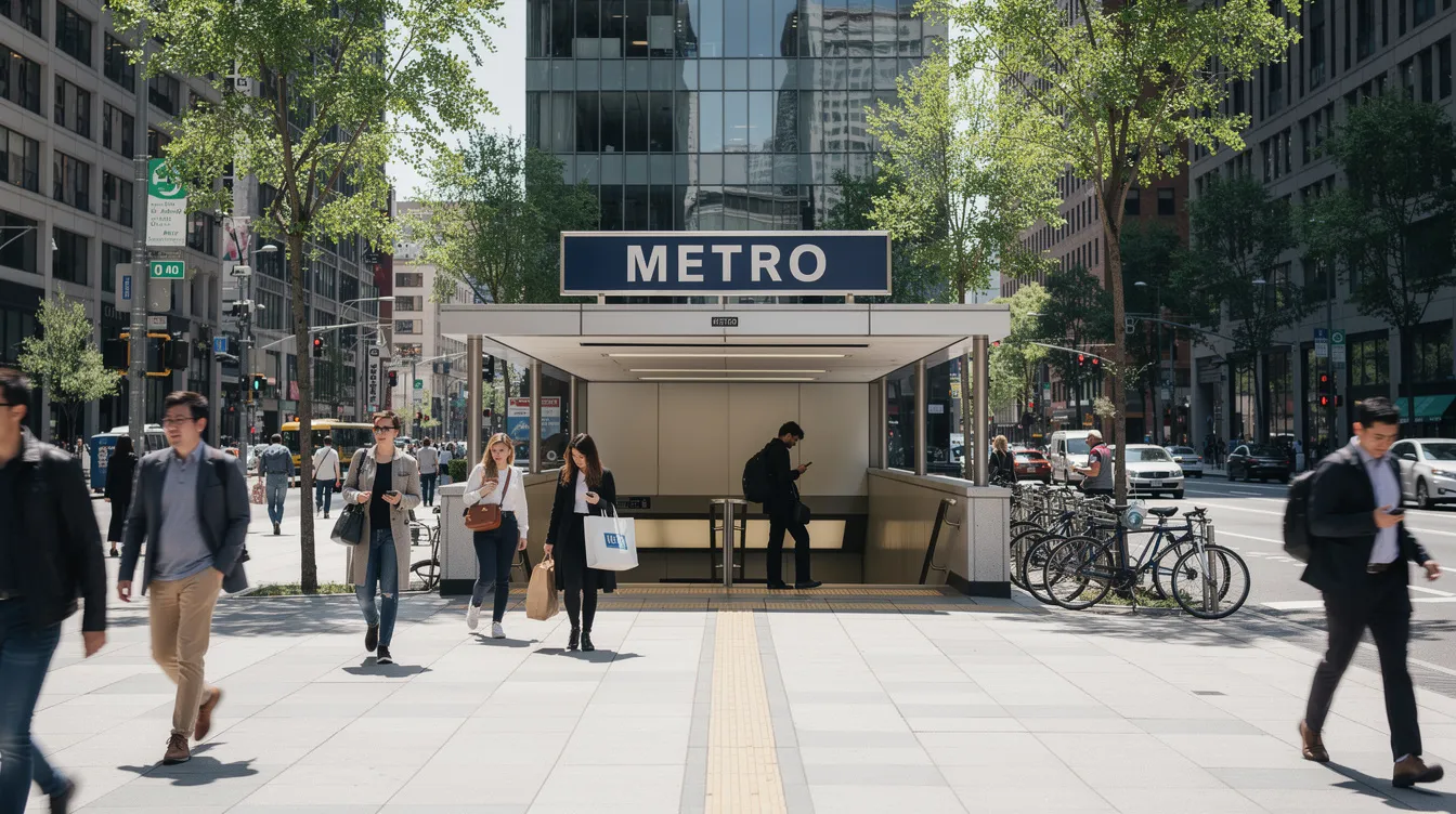 The image depicts a bustling urban Metro station entrance in Washington, D.C., with a diverse group of people walking past on a busy sidewalk. The scene captures the vibrancy of city life, while the backdrop hints at the ongoing discussions around gun laws and regulations within the district.