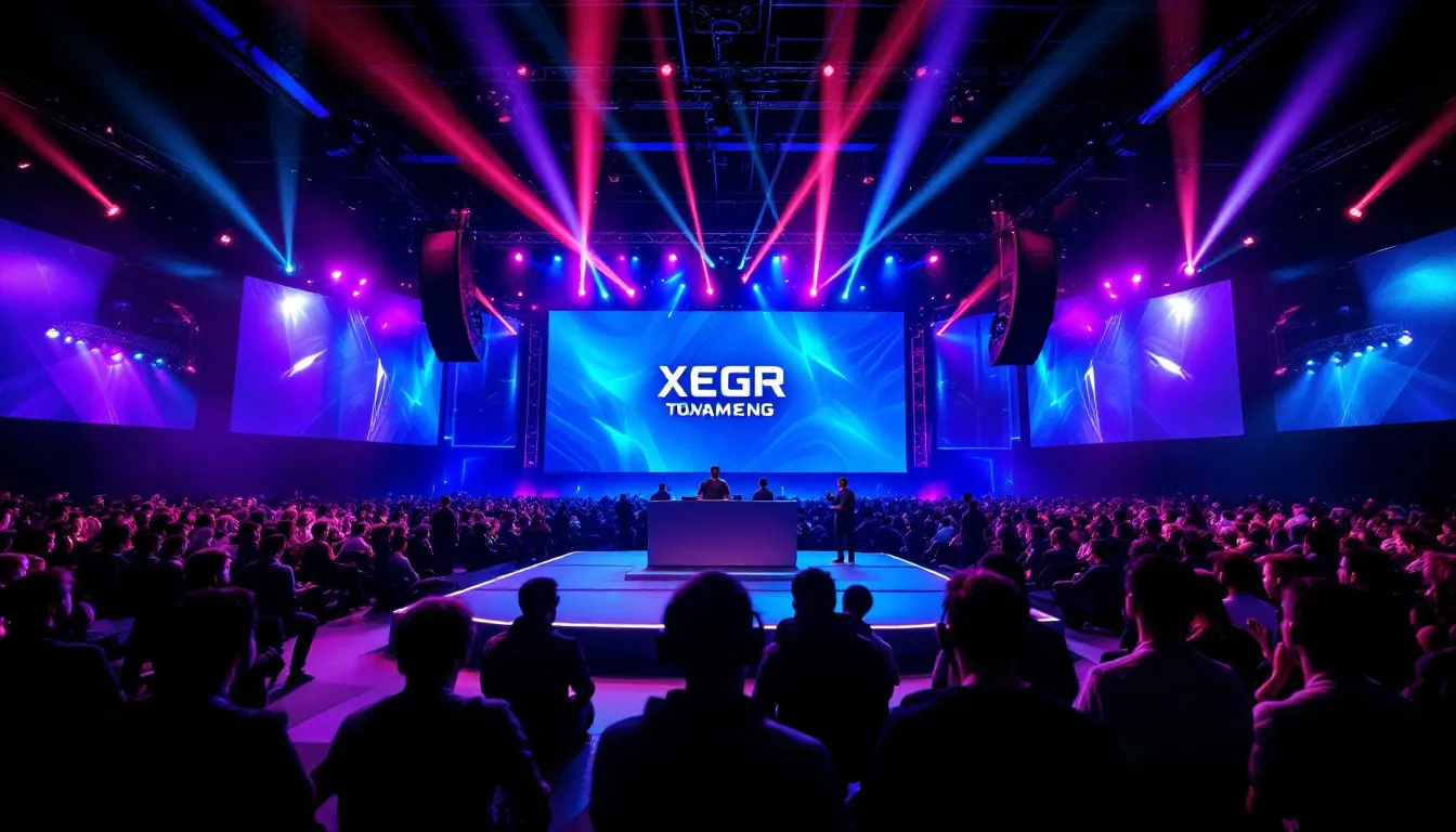 Eine Veranstaltungslocation mit Teilnehmern, die sich für ein Gaming-Event versammeln.