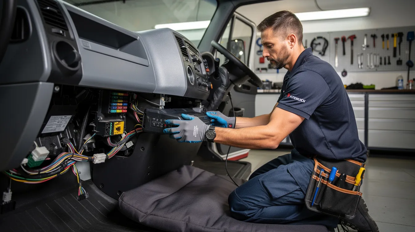 ELD Installers: A technician is seen installing an electronic logging device (ELD) under the dashboard of a commercial truck, ensuring compatibility and adhering to FMCSA regulations for fleet compliance.