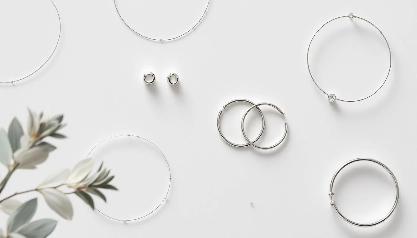 This image showcases a collection of effortlessly cool minimalist jewellery styles, featuring delicate sterling silver and mixed metal pieces, including layered chains and subtle statement rings. The contemporary aesthetics highlight nature-inspired motifs and a timeless elegance, perfect for everyday wear or special occasions.
