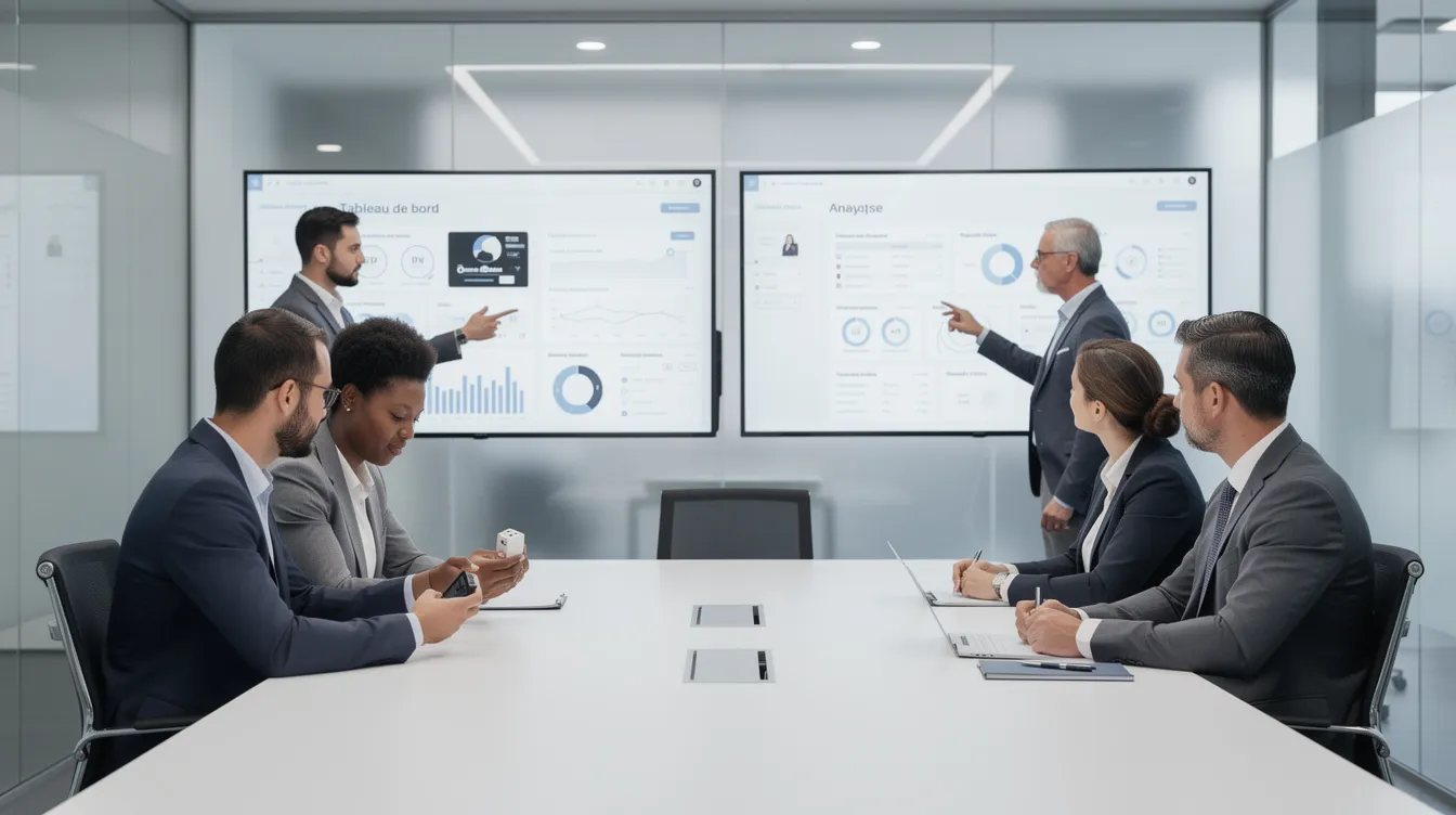 Deux équipes se réunissent pour comparer une petite maquette de produit avec une plateforme logicielle complète affichée sur des écrans. L'image illustre l'échange d'idées autour des solutions SaaS, mettant en avant l'importance de l'expérience utilisateur et de la gestion de projet dans le développement de logiciels au Maroc.