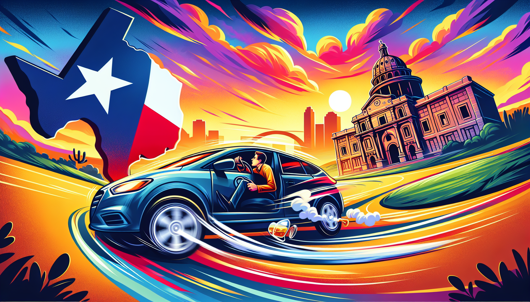 An illustration depicting the concept of driving while intoxicated in Texas.