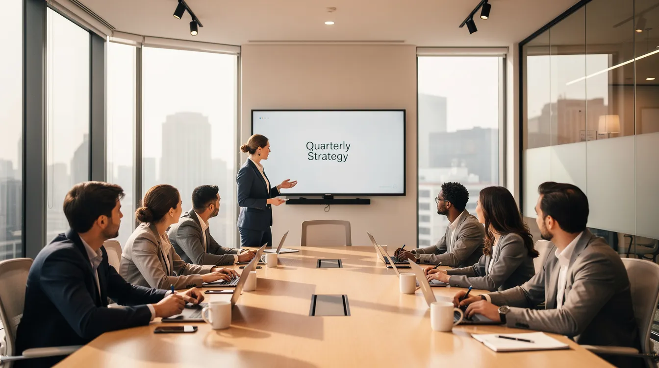 The image depicts a diverse team engaged in a meeting inside a modern office conference room, with a large screen displaying a presentation. This setting emphasizes the importance of key employees in business operations, highlighting the need for key person insurance to protect against potential financial losses from unexpected disabilities or the death of a valuable employee.