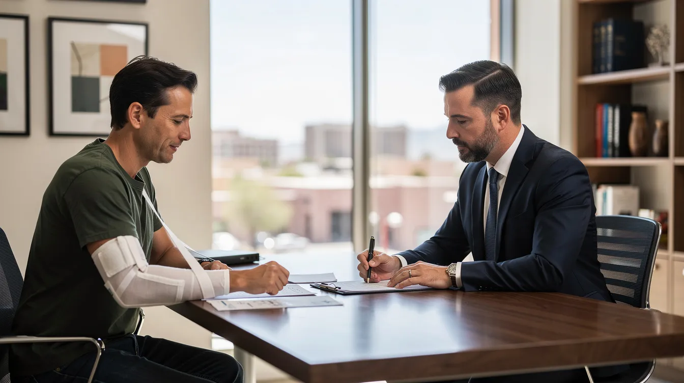 A Phoenix personal injury lawyer is consulting with a car accident victim who is wearing an arm sling, as they review documents and medical records across a desk in a modern law office. The scene is illuminated by bright natural light, highlighting the professional environment where the attorney is helping the client navigate their personal injury claim.