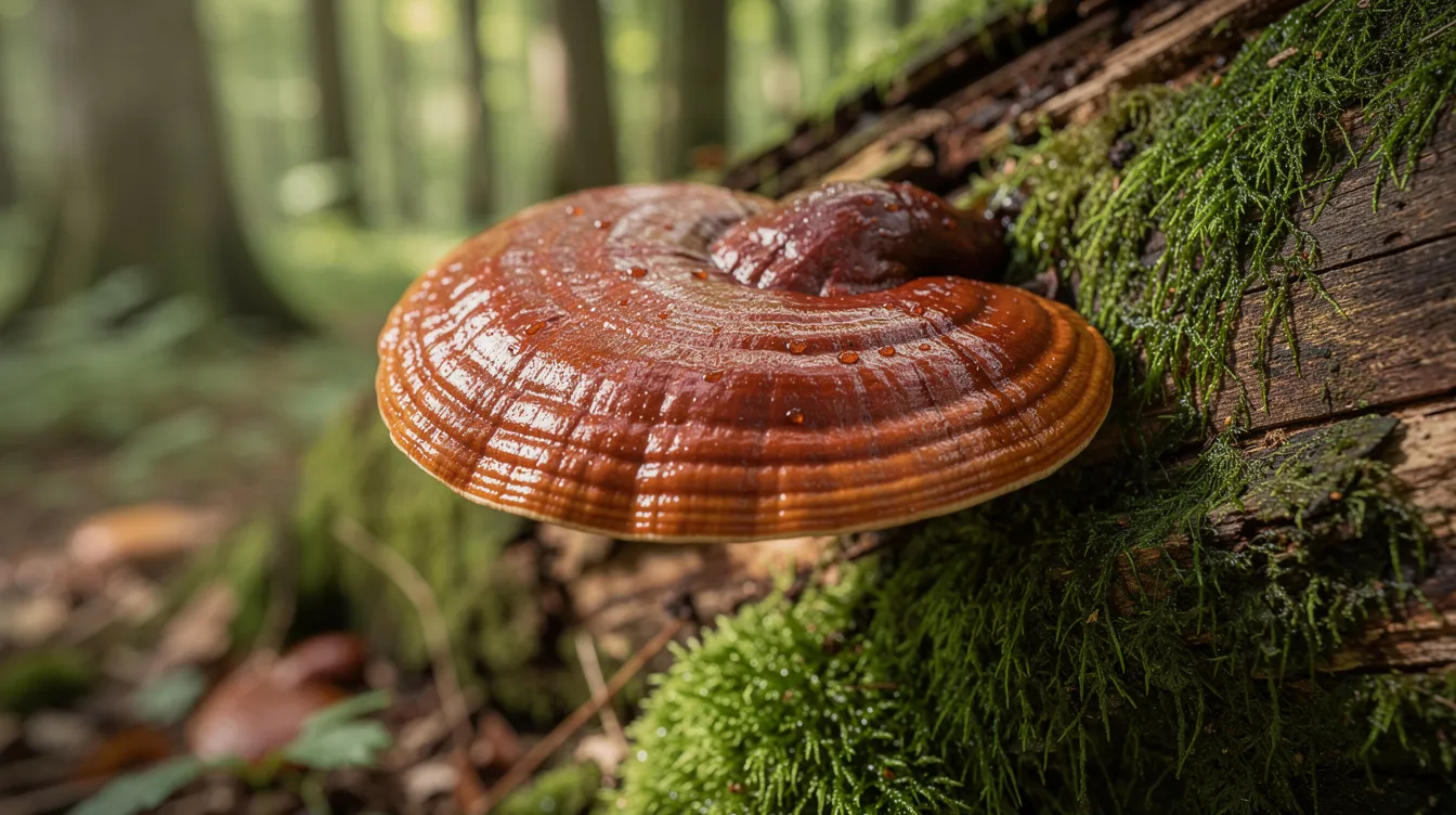 A glossy reddish-brown reishi mushroom grows on a mossy hardwood log in a forest, displaying its unique form and vibrant color. This image captures the relationship between the mushroom and its natural environment, highlighting a common sight in woodland areas.