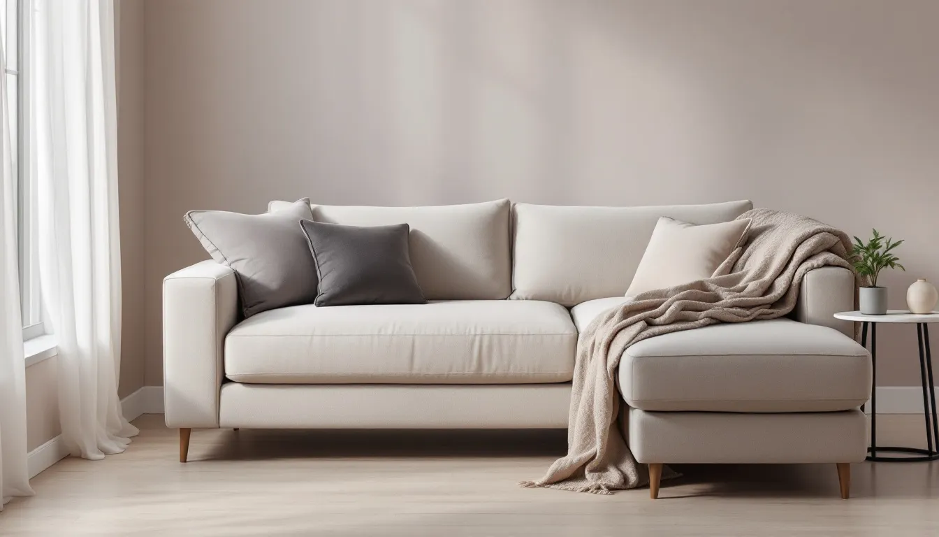 The image depicts a stylish living room featuring a light grey two seater chaise sofa adorned with decorative pillows and a cozy throw blanket, complemented by a coordinating side table. This inviting space showcases modern living room furniture, perfect for relaxation and unwinding after a long day.