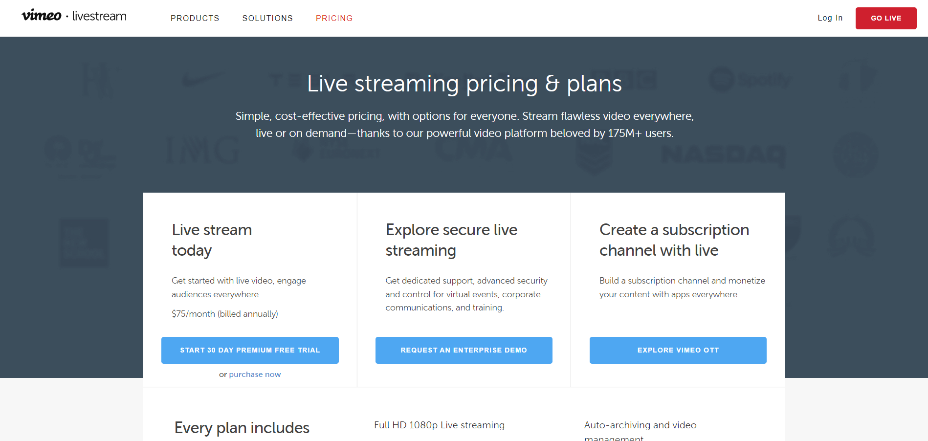 Vimeo livestream pricing page