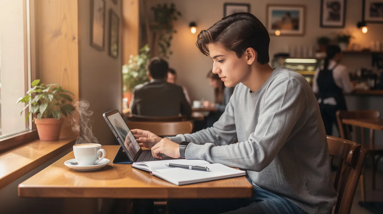 Eine Person sitzt entspannt in einem Café und lernt auf einem Tablet, während eine Kaffeetasse neben ihr steht. Die Atmosphäre ist gemütlich und einladend, ideal für das Studieren und den Austausch von Informationen über die Academy of Sports.