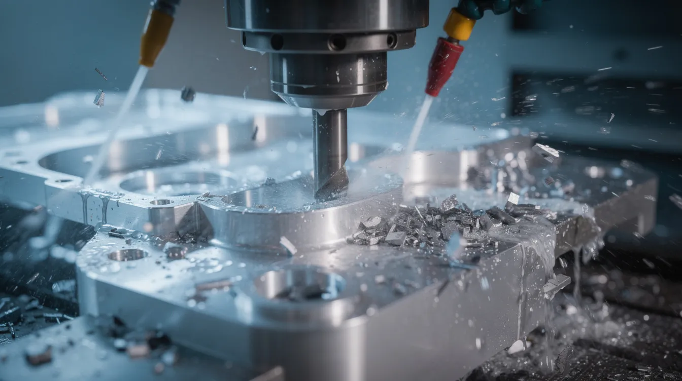 A close-up view of a CNC milling machine actively cutting an aluminum part, with coolant spraying to reduce heat and metal chips flying off, showcasing the precision machining process. This image highlights the advanced technology and exceptional precision of CNC machining services in manufacturing complex parts.