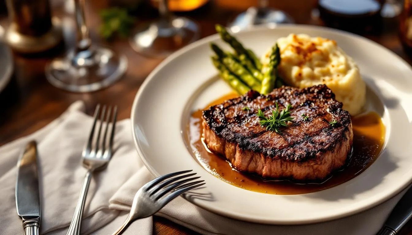 Ein köstliches Steakgericht aus dem Estilo Campo in Meerbusch, serviert mit Beilagen.