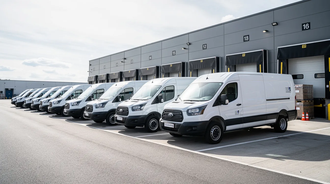 The image shows several white delivery vans parked in a row at a distribution center, highlighting a fleet of vehicles that could benefit from GPS tracking devices for enhanced fleet safety and operational efficiency. These delivery trucks are essential for monitoring driver behavior and optimizing routes in real-time.