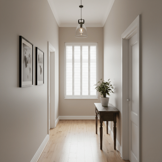 Transparent glass pendant allowing daylight to pass through a narrow hallway.