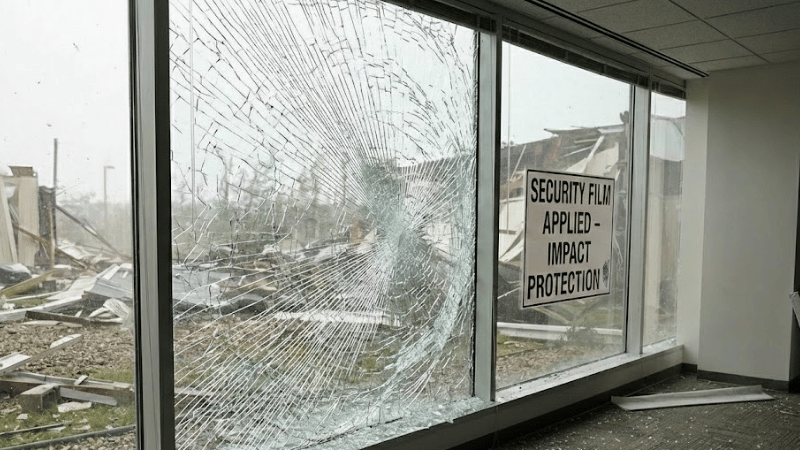 Broken glasses hold by security window film