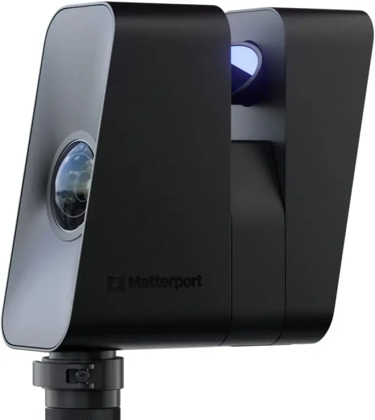 Matterport Pro 3 Camera on a tripod against a neutral background.