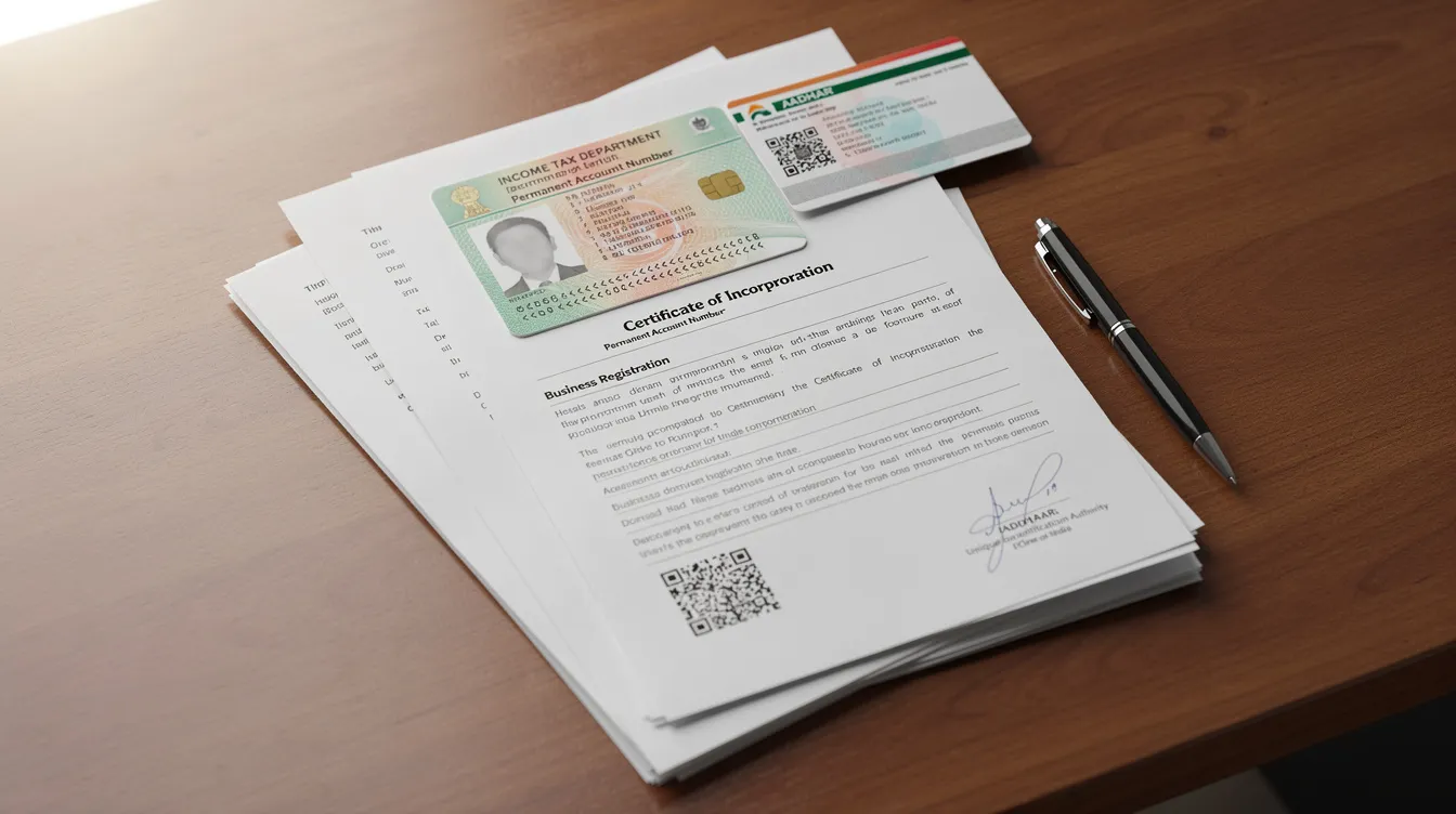 The image shows a neatly organized file of important documents, including a PAN card, Aadhaar, and business registration papers, placed on a wooden desk, which may be essential for small business owners applying for a Mudra loan. These documents are crucial for establishing business viability and meeting the eligibility criteria for loan applications at financial institutions.