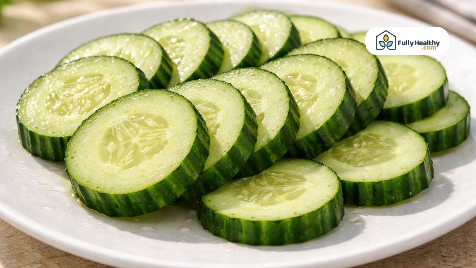 Fresh sliced cucumber arranged on white plate with natural lighting