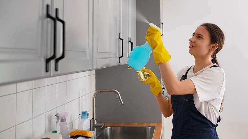 A woman cleaning kitchen cabinets