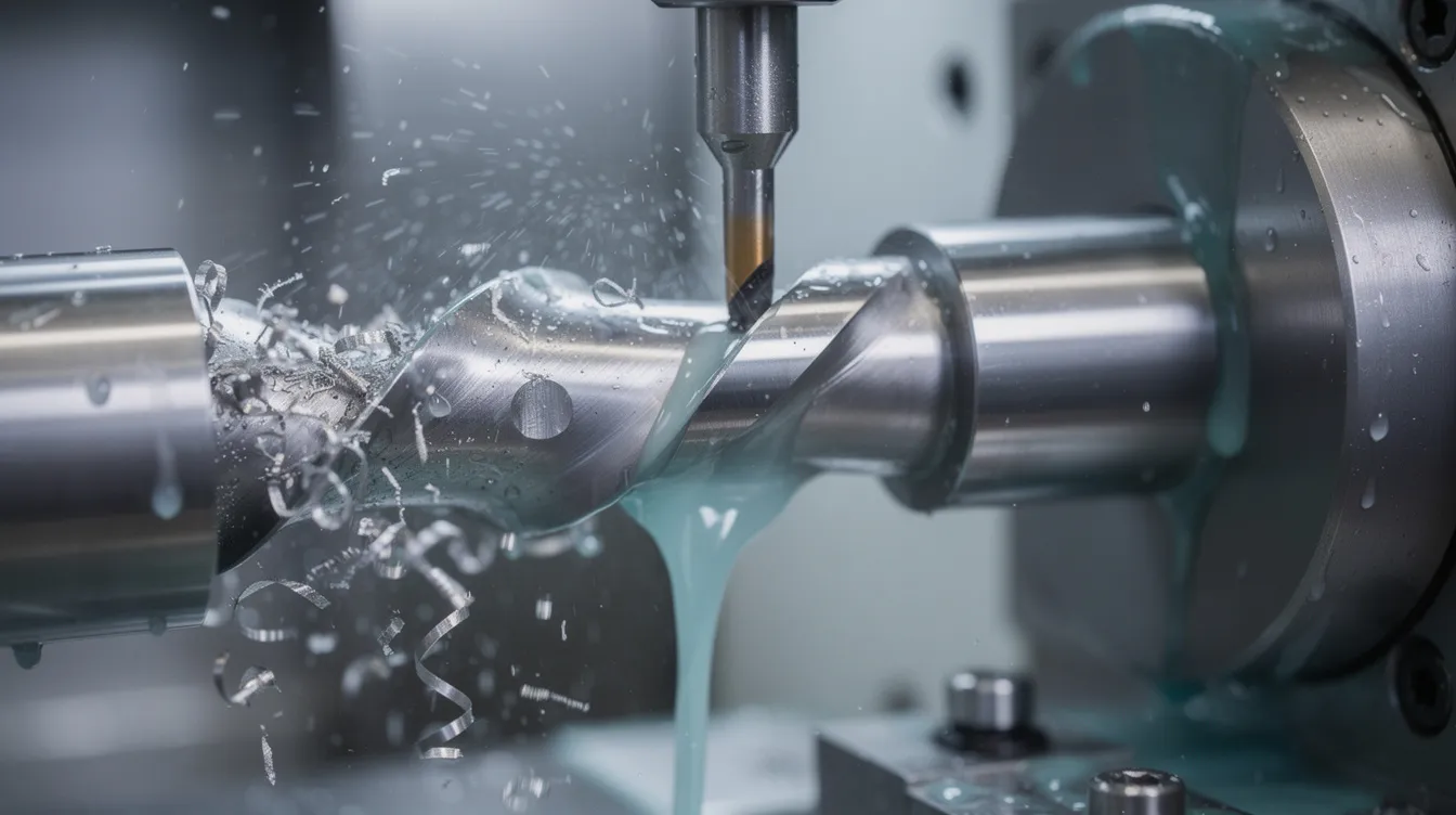 The image shows a close-up view of a CNC turning machine actively producing a precision stainless steel shaft, with coolant visibly flowing to maintain optimal cutting conditions. This advanced CNC machine exemplifies high precision and is essential in the manufacturing processes used by CNC machining companies for creating high-quality parts.
