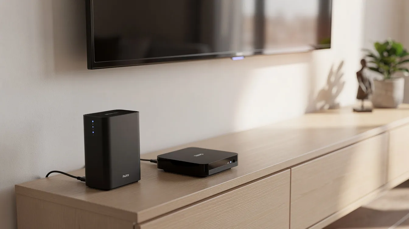 Un routeur Wi-Fi moderne est posé à côté d'un boîtier de streaming sur un meuble de salon, prêt à offrir une expérience de visionnage de qualité avec accès à des chaînes, films et séries en full HD. Ce dispositif est idéal pour les abonnés cherchant à profiter d'un service IPTV sans coupures, tout en garantissant une connexion stable pour les événements sportifs et les matchs.