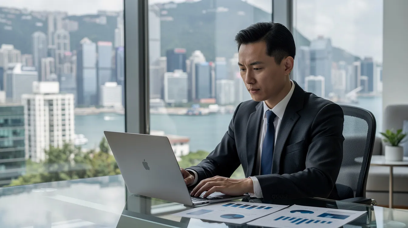 A professional person in business attire is seated at a sleek desk in a modern Hong Kong office, intently reviewing financial documents on a laptop. The scene conveys a sense of focus and diligence, highlighting the importance of financial management and security verification in a corporate environment.
