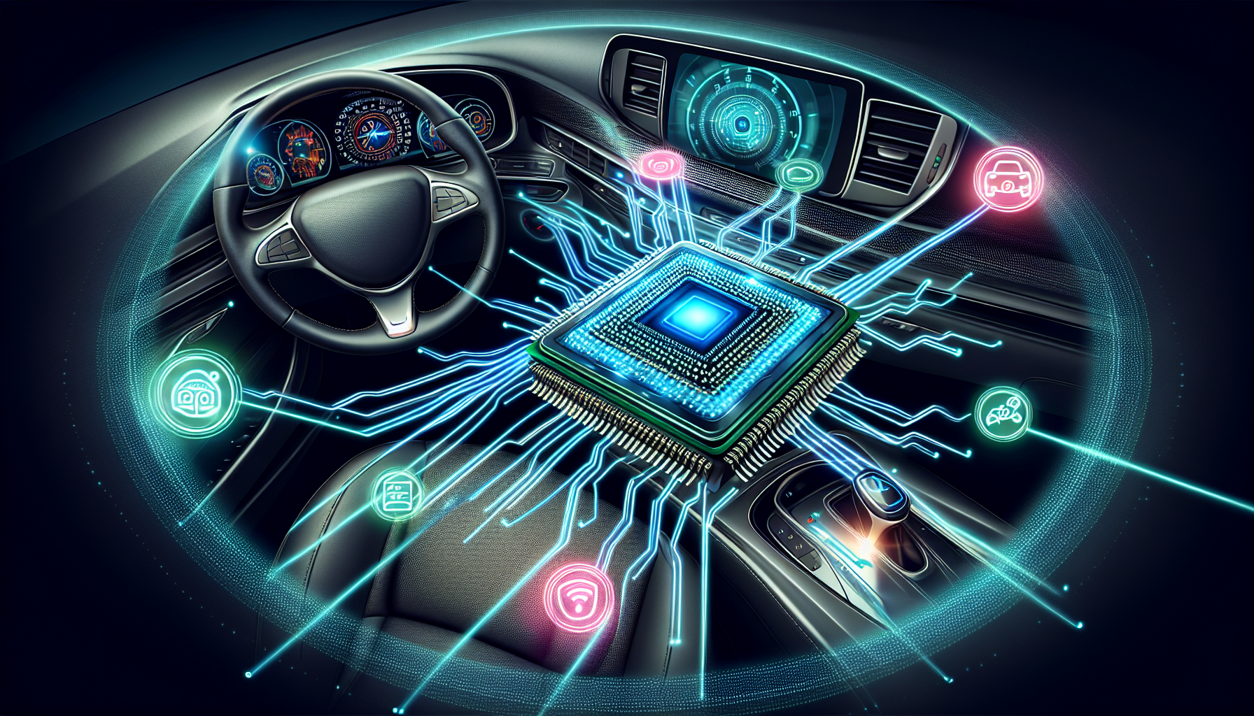 Illustration of a CPU's role in modern car features