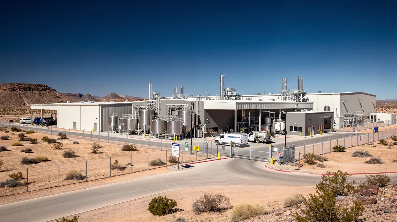 The image depicts a modern industrial manufacturing facility set against a bright, sunny backdrop in an arid environment, showcasing the intersection of business growth and sustainability. This facility may be involved in implementing ESG strategies and compliance measures to enhance operational efficiency and meet stakeholder expectations.