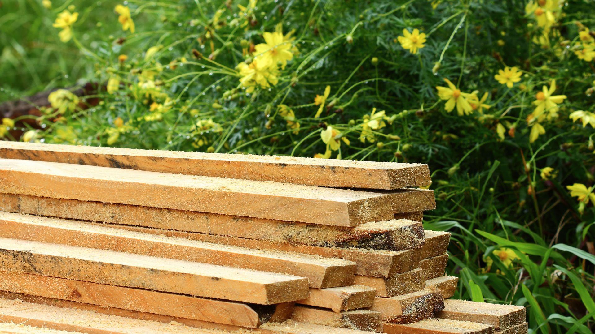 A stack of dimensional lumber in a garden.