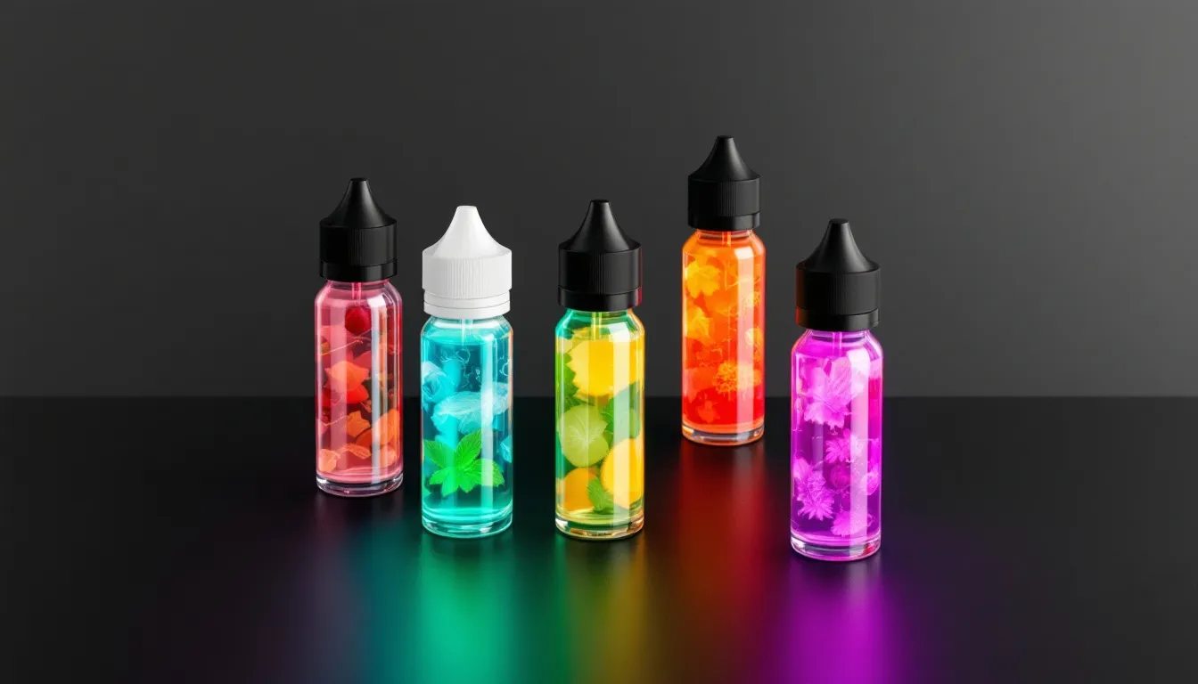 Colorful e-liquid bottles representing popular flavors for prefilled pod vapes.