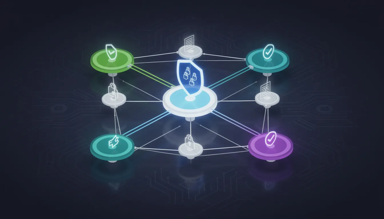 The image depicts interconnected network nodes symbolizing the integration of multiple compliance frameworks, highlighting the importance of cybersecurity compliance in protecting sensitive data. This visual representation emphasizes the need for continuous monitoring and security measures to manage cybersecurity risks effectively and ensure adherence to key regulations.
