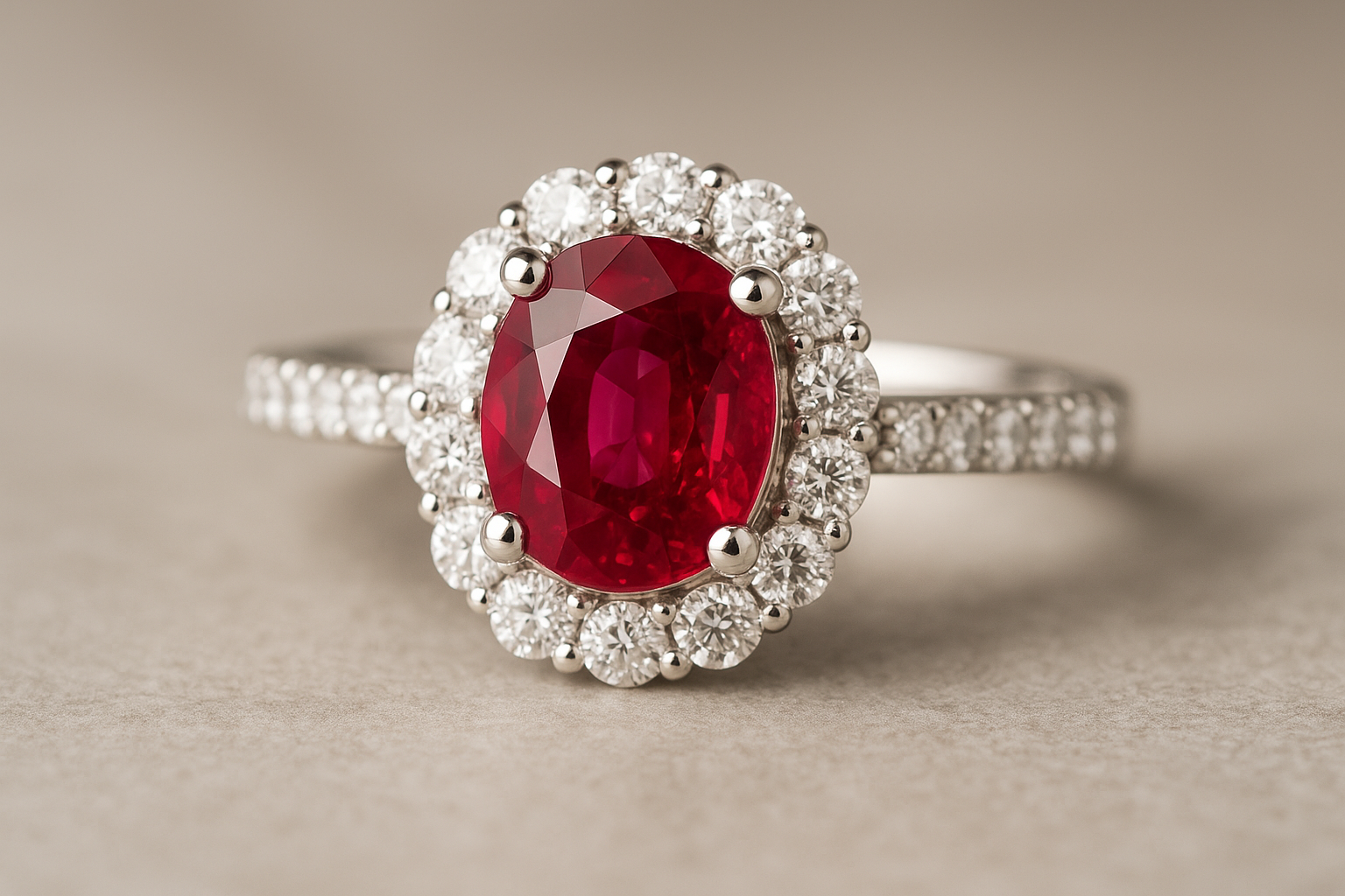 Sužadėtuvių žiedas su rubinu ir deimantais baltame fone.