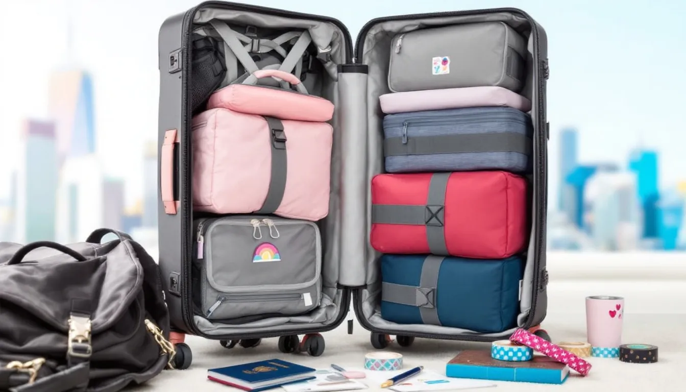 Compression packing cubes neatly organized in a suitcase.