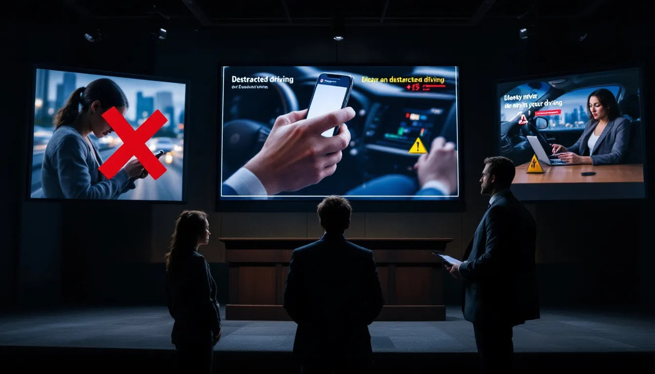 A depiction of various common causes of car accidents, including distracted driving.