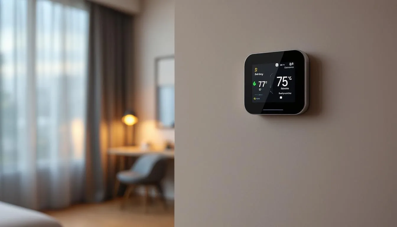 In the image, a modern smart thermostat is displayed on the wall of a hotel room, showcasing an energy monitoring system that helps manage hotel operating costs and optimize pricing. This technology enhances guest satisfaction by providing real-time data for efficient hotel operations and improved guest experience.