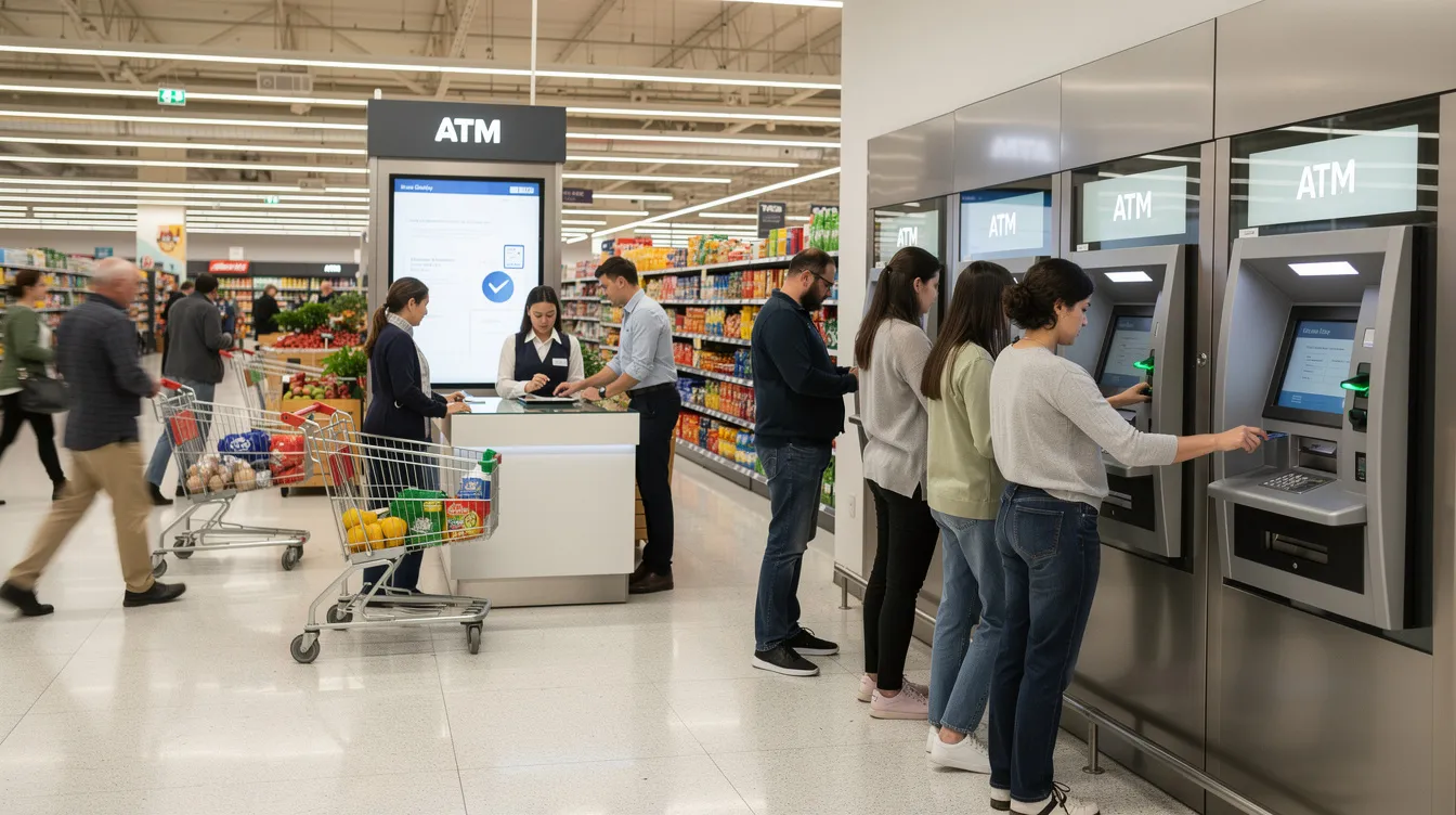 The image depicts a bustling supermarket where people are utilizing various banking services, with ATM machines prominently visible. Customers, including both locals and foreigners, are engaged in financial transactions, such as withdrawing cash or checking their bank accounts, highlighting the convenience of retail banking within the Peruvian banking market.