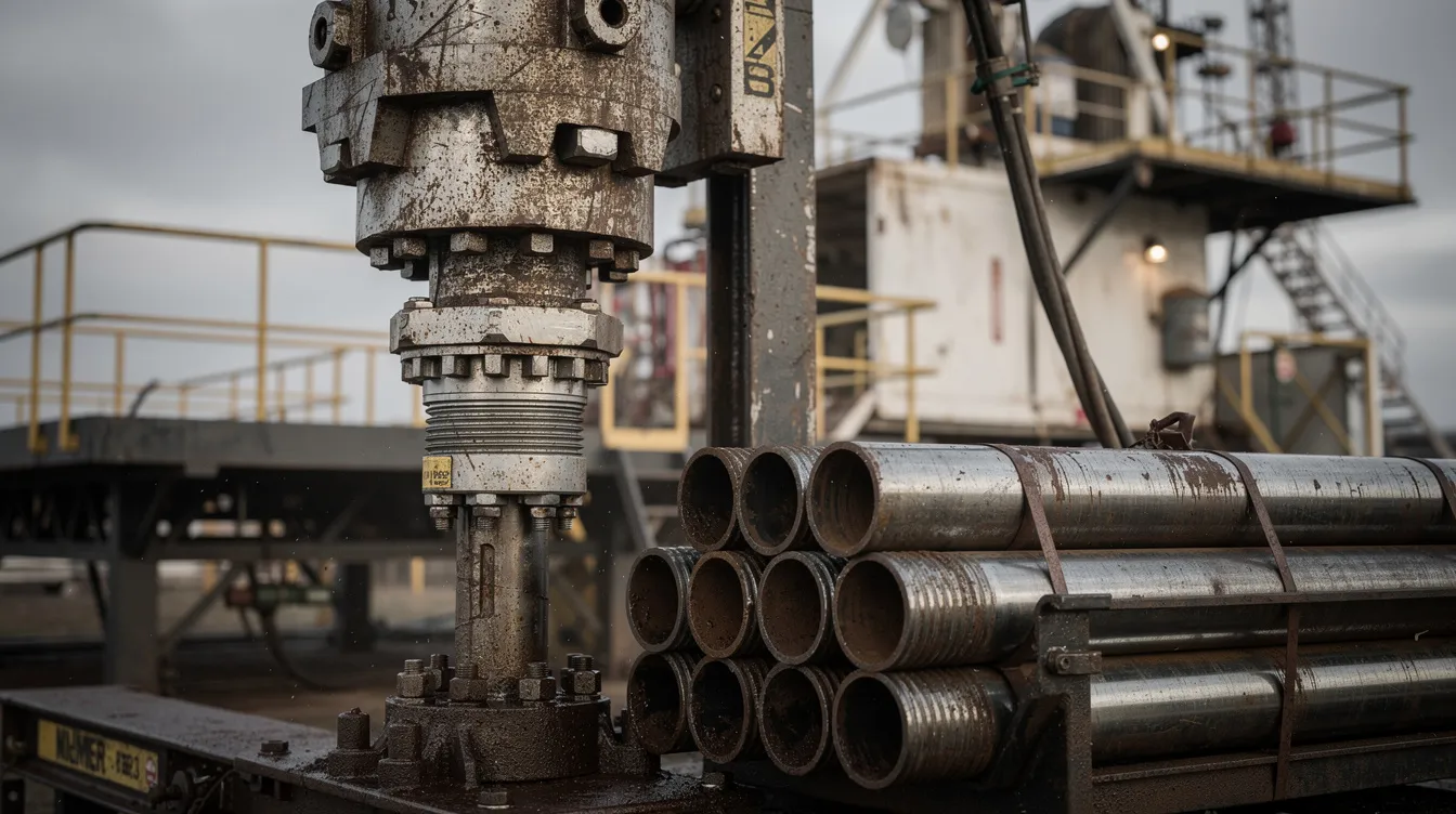 A close-up view of industrial drilling equipment and pipes at an oil and gas well site, highlighting the intricate details of the machinery used in the energy sector. This image represents the vital infrastructure essential for gas exploration and production, emphasizing the operational aspects of oilfield services.