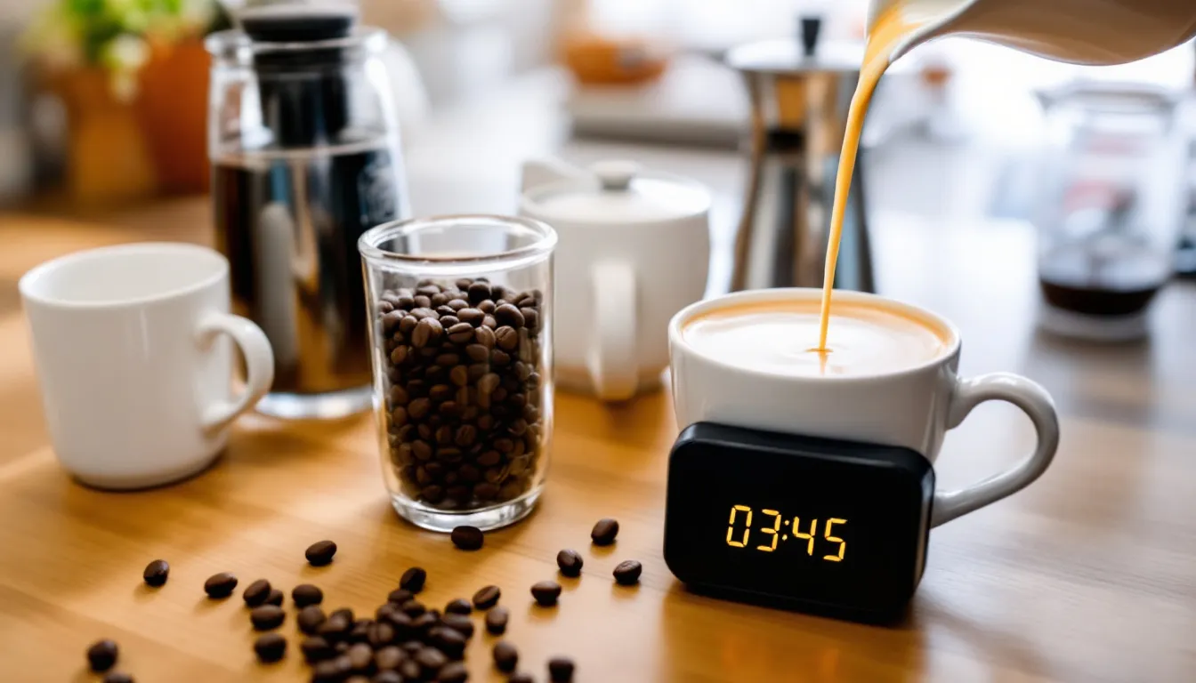 The image showcases various coffee preparation methods, featuring dark roast beans, a cup of coffee with milk being poured, and a clock indicating timing considerations for brewing. This visual highlights the importance of mindful coffee intake, especially for those concerned about acid reflux and heartburn symptoms.