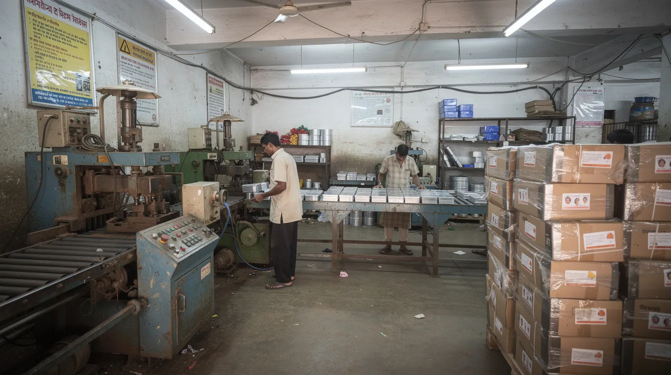 4091e6fc ea04 4854 8ef2 746da6ad3917 The image depicts a small Indian manufacturing unit filled with machinery and neatly packaged products, symbolizing the efforts of micro enterprises engaged in production. This setting reflects the success of entrepreneurs who have availed and successfully repaid loans under the Pradhan Mantri Mudra Yojana, contributing to the growth of capital assets in the manufacturing sector.