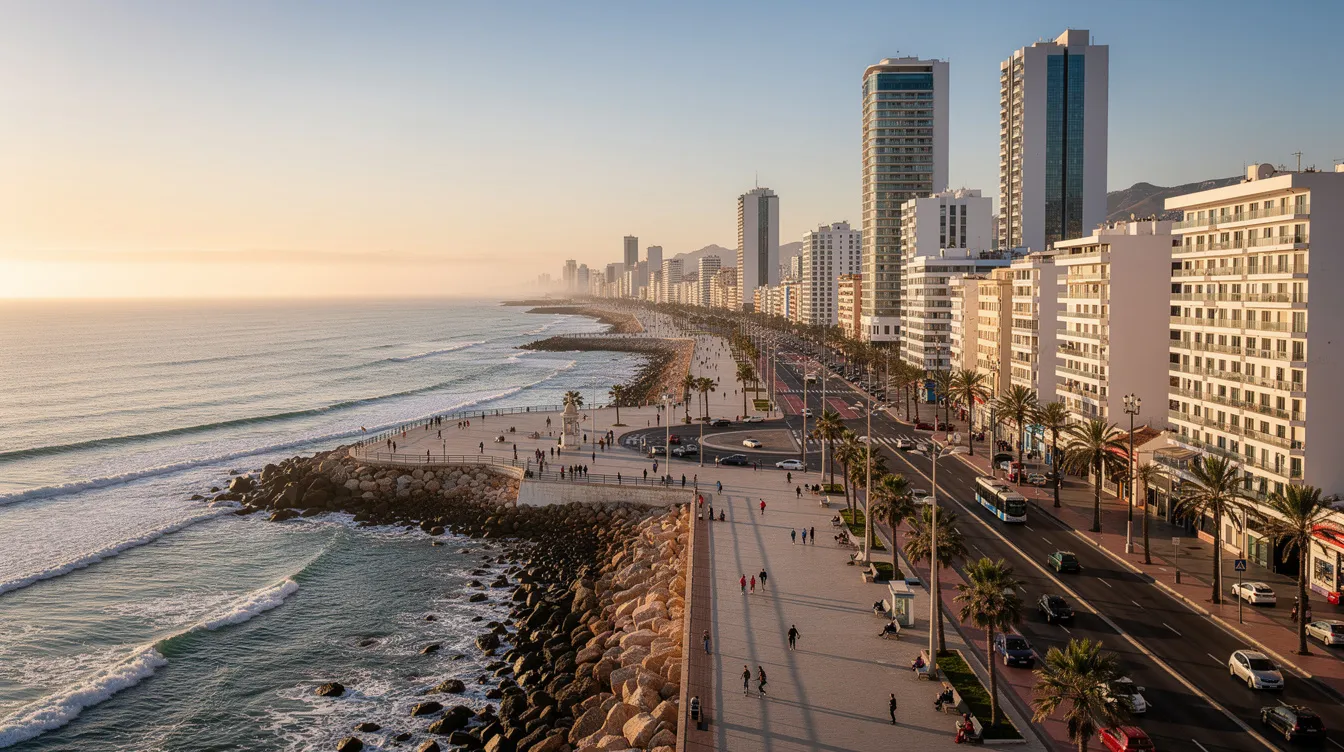 Veduta panoramica della costa atlantica di Casablanca, caratterizzata da edifici moderni che si affacciano su un lungomare affollato. Questa immagine rappresenta una vivace città marocchina, ideale per chi desidera noleggiare un'auto e esplorare le sue bellezze.