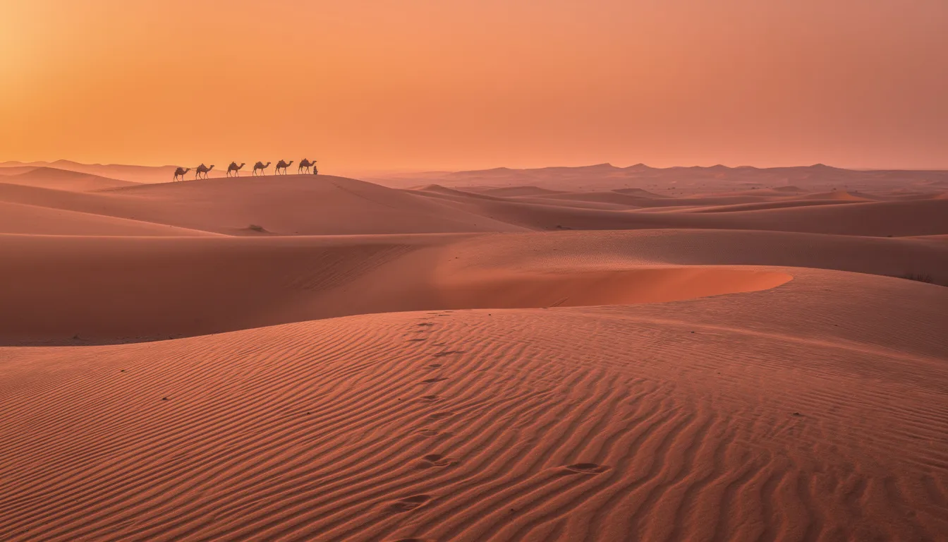 The image depicts a breathtaking sunset casting warm hues over golden sand dunes, with camel silhouettes in the distance, evoking the serene beauty of the Sahara Desert. This scene captures the essence of Morocco's stunning landscapes, inviting viewers to explore Morocco through various tour packages and experience its rich culture.