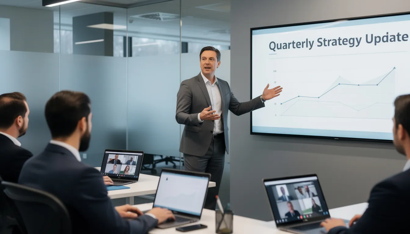 A business professional is presenting to a group during a webinar, showcasing effective video marketing strategies aimed at increasing brand awareness and engaging the target audience. The session highlights the importance of creating compelling video content to achieve measurable business outcomes across various marketing channels.