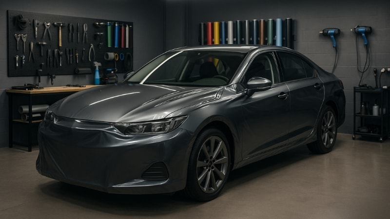 A Doge being wrapped in professional vinyl wrapping studio with advanced equipment