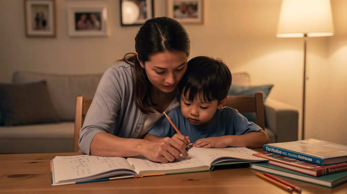 A parent is sitting at a table with a child, calmly assisting with homework in a warm, inviting home environment. This scene reflects a supportive atmosphere that can help alleviate school anxiety and emotional distress often experienced by children facing school refusal or other mental health challenges.