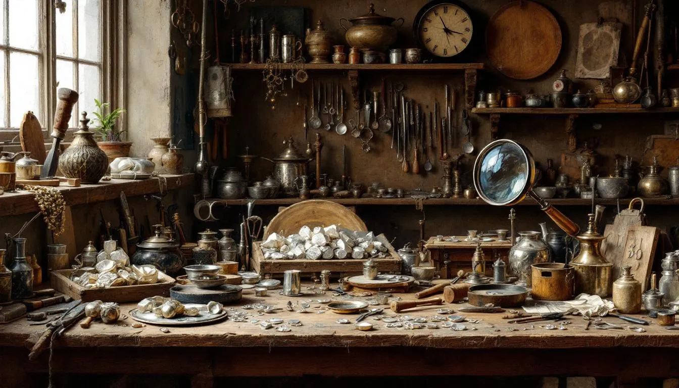 A well-equipped silversmith workshop with tools and materials.