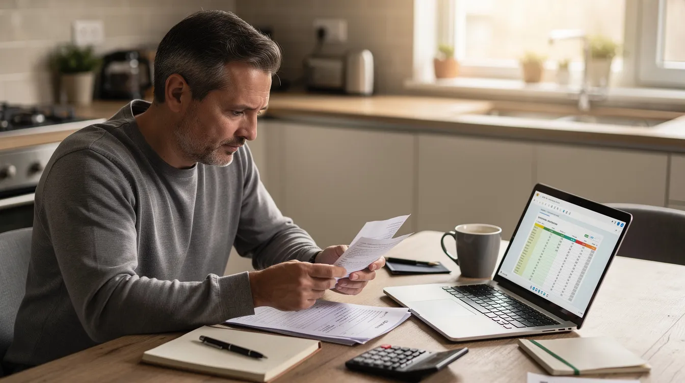 A person is seated at a kitchen table, intently reviewing financial documents while a laptop displaying mortgage rates is open in front of them. The scene suggests a focus on understanding current mortgages data, possibly to assess options for a fixed rate mortgage or other mortgage types.