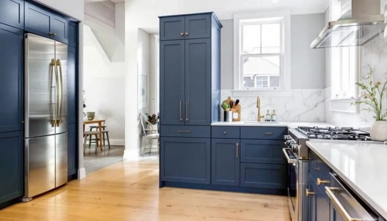 A stylish kitchen showcases deep navy blue cabinets paired with elegant white marble countertops and brass hardware, creating a timeless appeal. The combination of blue hues and the airy feel of the space is enhanced by stainless steel appliances and light gray walls.