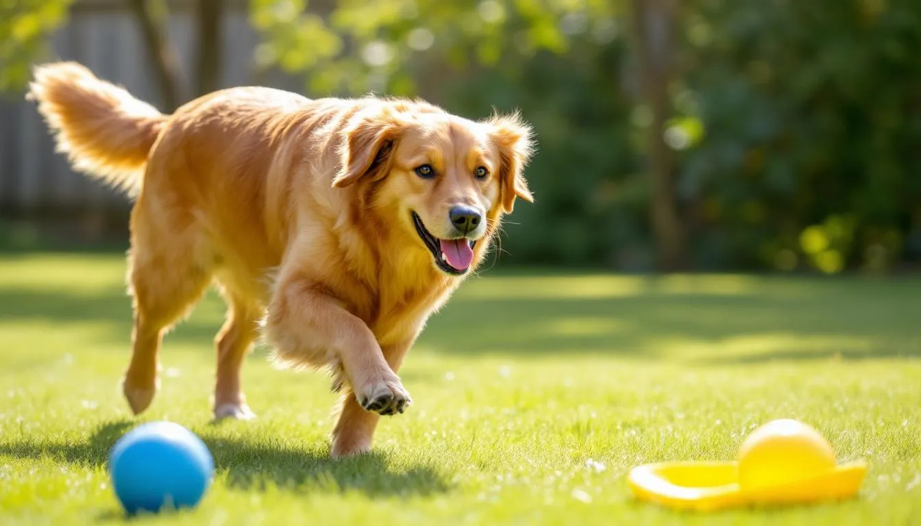 A golden retriever joyfully plays with a blue toy and a yellow ball in a sunny backyard filled with green grass. This scene showcases how dogs, with their dichromatic vision, perceive colors differently than humans, primarily distinguishing shades of blue and yellow.