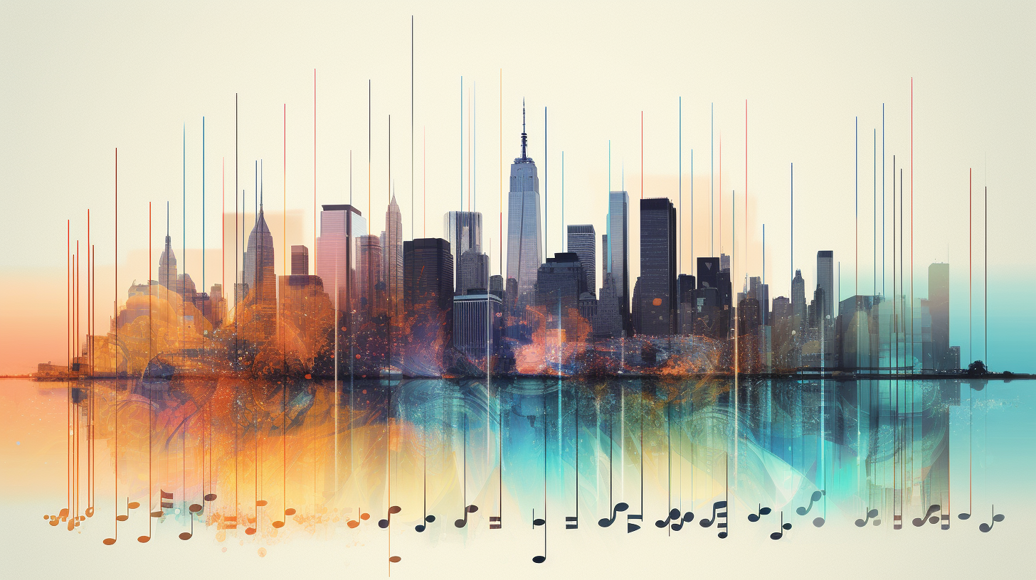 a melody diagram over the NYC skyline