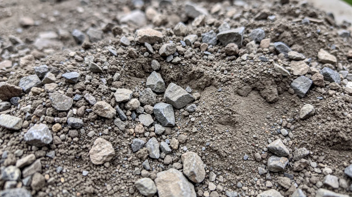 22A Gravel A close-up view of a pile of compactable road gravel showcases a mix of small crushed stone pieces and fine sandy material in gray-brown tones, ideal for use in driveways, parking lots, and road construction projects. The texture highlights the combination of aggregates, including crushed stone and fine particles, which contribute to excellent compaction and drainage properties.