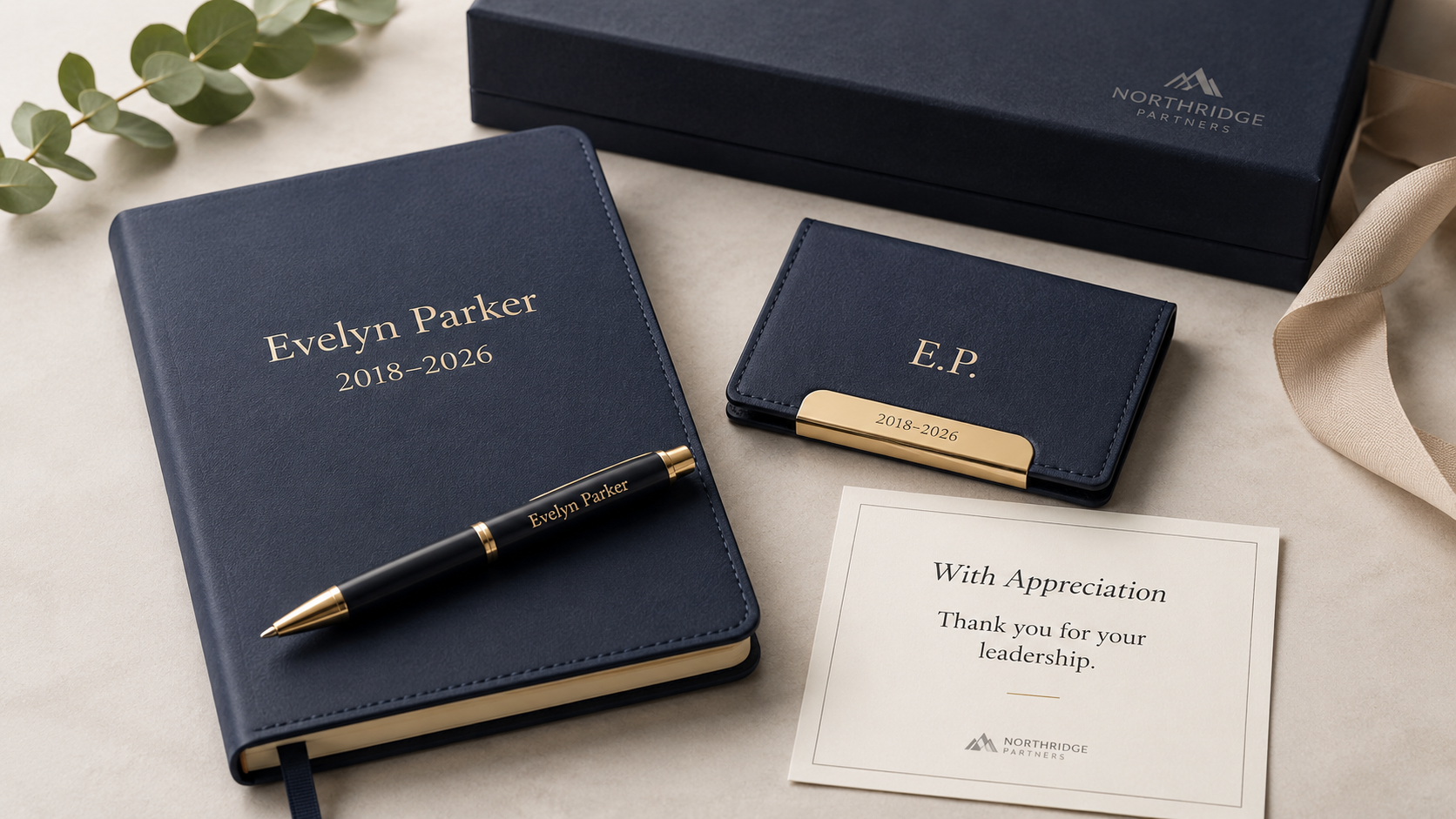 Navy notebook, pen, and card holder personalized with a recipient name, initials, and service years