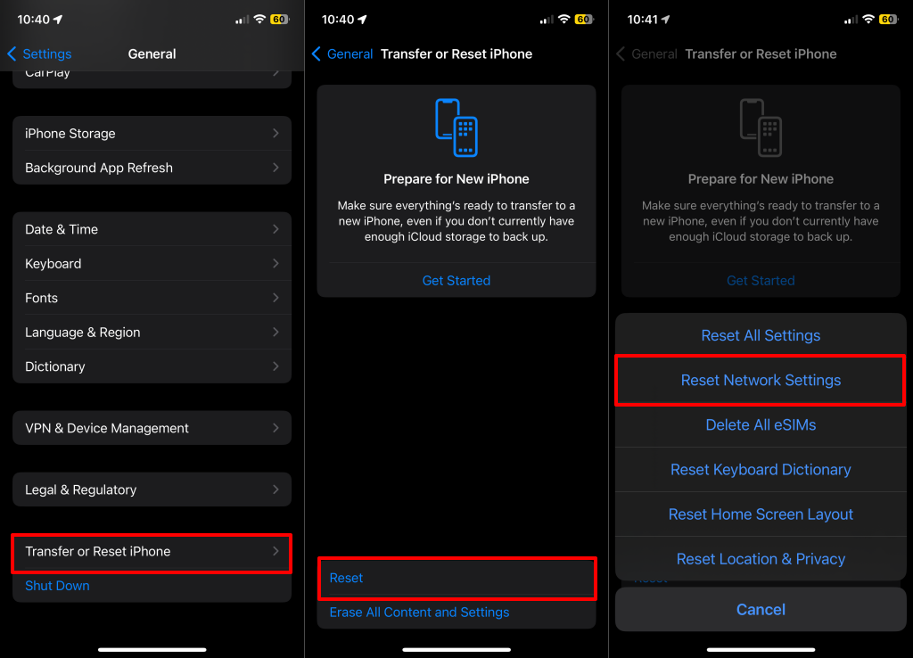 Steps to reset network settings on iPhone